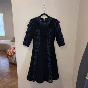 Lucian Matis Black Dress, Blue & Green Floral Appliqué’s 3-Quarter Sleeve size 6